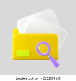 3d yellow computer file folder icon with blank document and magnifying glass isolated on background. Render folder with paper for management file concept. 3d cartoon simple vector illustration