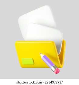 3d yellow computer file folder icon with blank document and pencil isolated on background. Render folder with paper for management file concept. 3d cartoon simple vector illustration