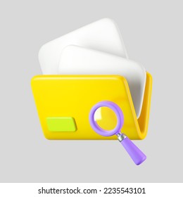 3d yellow computer file folder icon with blank document and magnifying glass isolated on background. Render folder with paper for management file concept. 3d cartoon simple vector illustration