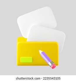 3d yellow computer file folder icon with blank document and pencil isolated on background. Render folder with paper for management file concept. 3d cartoon simple vector illustration