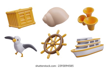 3D yellow container, shell, tube coral, seagull, ship wheel, yacht. Set of vector illustrations for site design about sea, ocean, travel, transportation