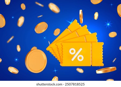 3D yellow coupon with falling golden coins on blue background. Voucher gift. Stock vector illustration on isolated background.