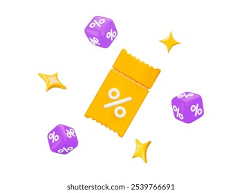 3d gelber Coupon mit fliegenden Würfeln Prozent und Sternen. Weihnachten, Geburtstag, Werbung, Beförderung. Stockvektorgrafik auf isoliertem Hintergrund.