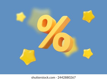 3d yellow coupon with flying stars and blur effect on blue isolated background. For promotion, marketing and advertising in social networks. Stock vector illustration.