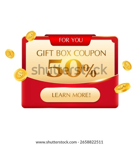 3d yellow coupon inside a red envelope, with lucky money and golden coins flying around, coupon code and percent price off, isolated on white background. Cashback gift voucher card in 3d vector