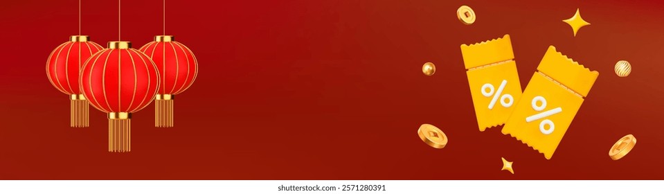 3d yellow coupon with percent and flying coins coins of China with lantern, balls and stars. Christmas, birthday, ads, promotion. Stock vector illustration on isolated background.
