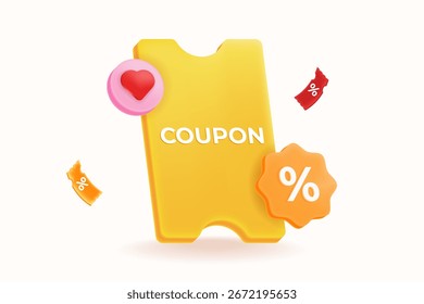3D gelbe Gutschein-Ticket mit roten Rabatt-Symbole und Lieblings-Herz-Symbol. Online-Shopping, Promo-Codes, Gutscheine und Angebote für digitales Marketing