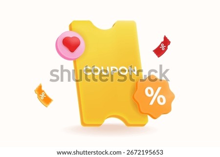 3D yellow coupon ticket with red discount symbols and favorite heart icon. online shopping, promo codes, vouchers, and digital marketing deals