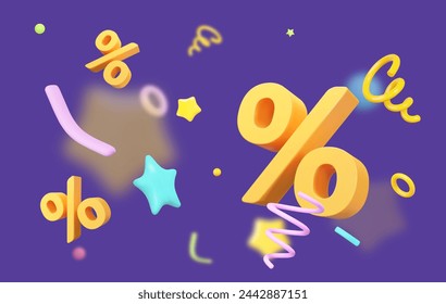 3d yellow coupons with flying confetti and blur effect on purple isolated background. For promotion, marketing and advertising in social networks. Stock vector illustration.