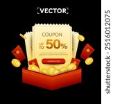 3d yellow coupons with golden coins in a red gift box, with flying red envelope, isolated on dark background. Gift voucher with coupon code, percentage off banner template