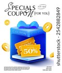 3d yellow coupons inside a gift box with flying golden coins around, isolated on white background. Gift voucher cashback popup banner template. 3d gift box coupon vector