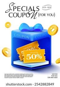 3d yellow coupons inside a gift box with flying golden coins around, isolated on white background. Gift voucher cashback popup banner template. 3d gift box coupon vector