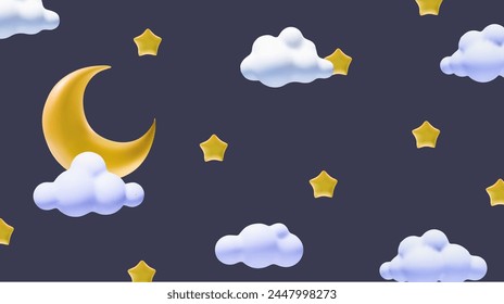 3d yellow crescent in clouds and stars in the sky. Cartoon moon night background. Sleep time, Vector childish illustration
