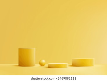 3D Yellow Cylinders and Ball on Yellow Background for Minimal Product Display Mockup and Showroom Showcase