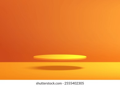 3D yellow cylindrical podium background floating on air with orange wall scene. Minimalist 3D mockup pedestal. Abstract stand product display presentation, Stage for showcase. Vector platforms design.