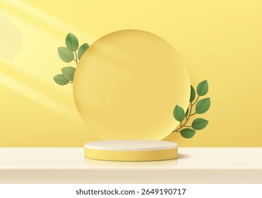 3D yellow cylindrical podium background with Branch, leaf, round backdrop. Minimalist mockup pedestal abstract stand product display presentation, Stage for showcase. Platforms vector geometric design