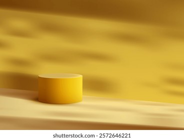 3D yellow cylindrical podium set against a warm, sunny backdrop with soft shadows. Minimalistic product displays, branding concepts, or energetic and modern mockup designs.