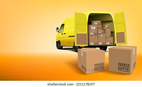 3D Yellow Delivery Van Full Of Boxes. EPS10 Vector