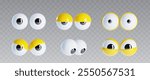 3d yellow doll googly eyes for cartoon isolated vector. Funny character with crazy, cute and silly expression. Open vision icon pair for looking. Realistic wobbly eyesight for puppet clipart