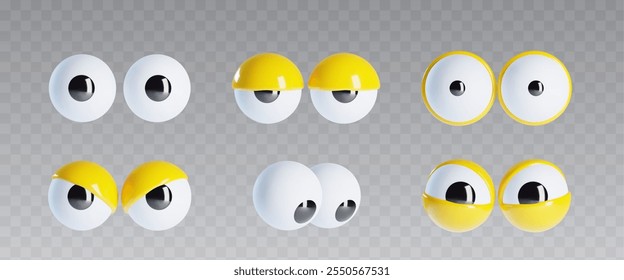 3d boneca amarela googly olhos para desenho animado vetor isolado. Personagem engraçado com expressão maluca, fofa e boba. Abra o par de ícones de visão para procurar. Visão oscilante realista para clipart marionete