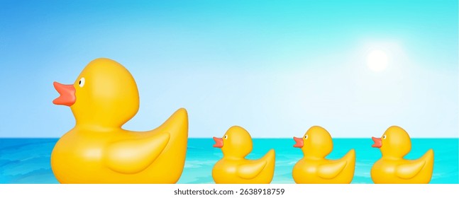 3d yellow ducks on a water. Sunny day. Cartoon style. Stock vector illustration on isolated background.