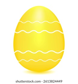 3D yellow Easter egg painted in waves of white color on a white background. Colored Easter egg. Vector color drawing