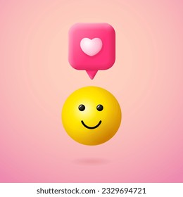 3d Yellow Emoji und ähnliche Notiz mit Heart Shape Social Media Concept Cartoon Style. Vektorgrafik