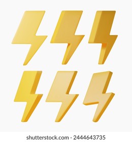 3d yellow energy icon set different 6 rotation. Realistic 3d render lightning bolt icons. Vector illustration.