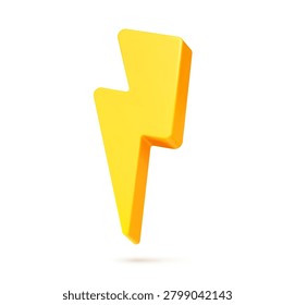 3D yellow energy lightning and thunder bolt icon. Vibrant volumetric bolt with smooth matte surfaces and sharp geometric edges, featuring subtle highlights. Yellow lightning for mobile game interfaces