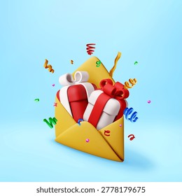 3D Yellow envelope with gift box and ribbon for celebration. Present inside mail for holiday occasion. Greeting concept for birthday, Christmas or New Year. Vector illustration