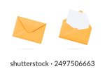 3D Yellow envelopes icon set. Open and close letters. Subscribe to newsletter. Email message. Send post card. Envelope with document. Mail notification. Cartoon design icons. 3D Vector illustration