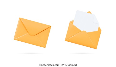 3D Yellow envelopes icon set. Open and close letters. Subscribe to newsletter. Email message. Send post card. Envelope with document. Mail notification. Cartoon design icons. 3D Vector illustration