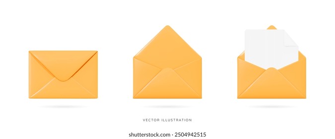 3D Yellow envelopes icon set. Open and close letters. Subscribe to newsletter. Email message. Send post card. Envelope with document. Mail notification. Cartoon design icons. 3D Vector illustration