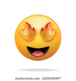 3D Yellow Excited Fire Eyed Emoticon Isolated. Render Laughing Star Fire Eye Emoji. Happy Face LOL. Communication, Web, Social Network Media, App Button. Realistic Vector Illustration