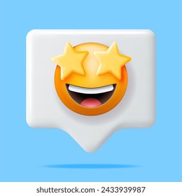 3D Yellow Excited Starry Eyed Emoticon in Chat Bubble Isolated. Render Laughing Star Shaped Eyes Emoji. Happy Face LOL. Communication, Web, Social Network Media, App. Realistic Vector Illustration