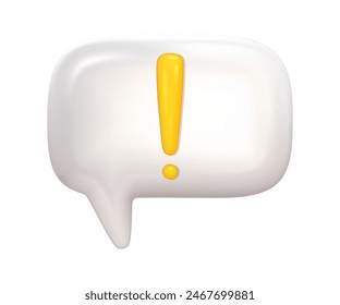 3d yellow exclamation mark on dialogue balloon. Alert or error sign 3d vector render. Exclamation icon mark yellow color on white bubble
