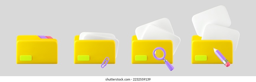 3d yellow file folder icons with document, pencil, clip and magnifying glass isolated on background. Render folder with paper for management file concept. 3d cartoon simple vector illustration