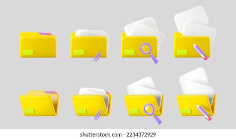 3d yellow file folder icons with document, pencil, clip and magnifying glass isolated on background. Render folder with paper for management file concept. 3d cartoon simple vector illustration