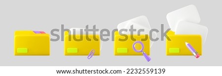 3d yellow file folder icons with document, pencil, clip and magnifying glass isolated on background. Render folder with paper for management file concept. 3d cartoon simple vector illustration