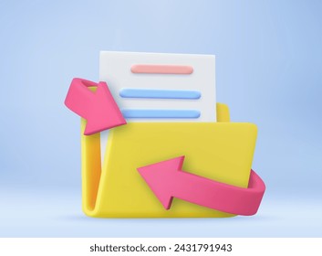 3d Yellow folder with files and arrow. File transfer concept. File sharing or sending document, documents management, data storage, Copy files, Move a file. 3d rendering. Vector illustration