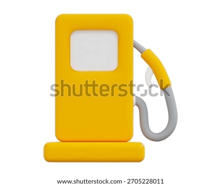 3d yellow gas pump station with petrol pipe. Cartoon minimal style. Stock vector illustration on isolated background.