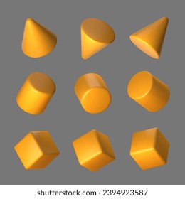 3d of yellow geometric shape set. Realistic orange geometric cube, cone and cylinder in perspective isolated on grey background. Vector illustration.