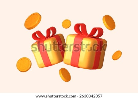 3D yellow gift box adorned with a red ribbon, surrounded by floating golden coins.