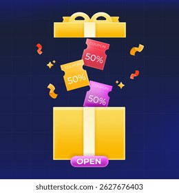 3d caixa de presente amarelo contém 3 50% cupons amarelo, roxo e vermelho, um botão aberto. para código de desconto exclusivo. vetor voucher