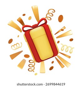 3D yellow gift box with red ribbon surrounded by confetti and festive burst isolated on white background for celebration, web banners and holiday promotion