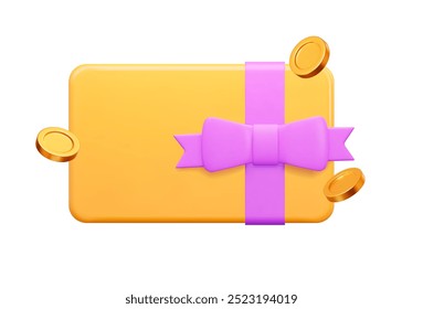 3d yellow gift card with purple bow, percent and gold coins. Gift certificate for promotion of goods for holidays, birthdays and discount coupon concept. Vector illustration on isolated background.