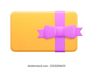 3d yellow gift card with purple bow. Gift certificate for promotion of goods for holidays, birthdays and discount coupon concept. Stock vector illustration on isolated background.