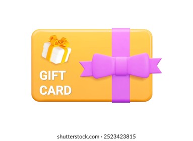 3d yellow gift card with purple bow, and gift box. Gift certificate for promotion of goods for holidays, birthdays and discount coupon concept. Stock vector illustration on isolated background.