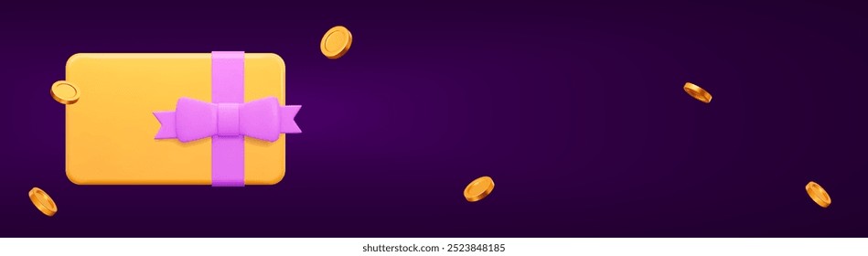 3d cartão de presente amarelo com arco roxo, e moedas de ouro voando no fundo roxo. Certificado de presente para promoção de bens para feriados, aniversários e conceito de cupom de desconto. Ilustração do vetor de estoque 