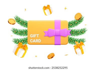 3d yellow gift card with purple bow, Christmas tree branches and flying gift box with gold coins. Gift certificate for promotion of goods for holidays, birthday Stock vector illustration.